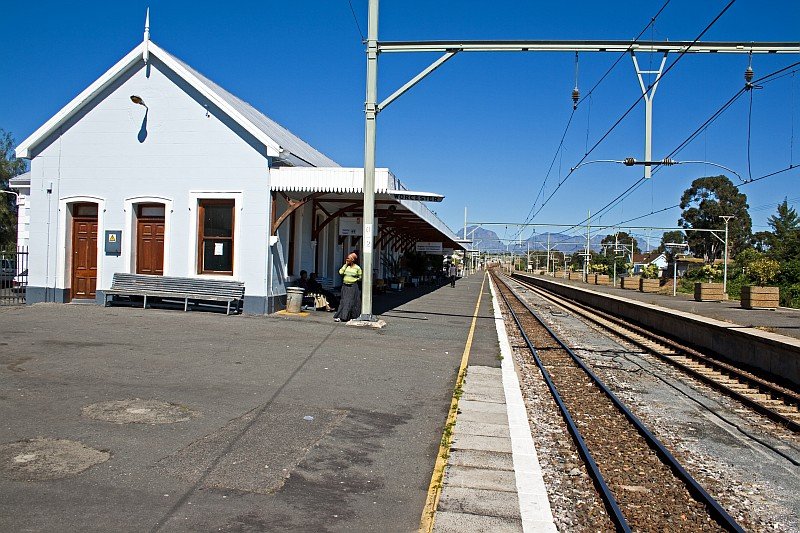 The station building from the side of the tracks.
