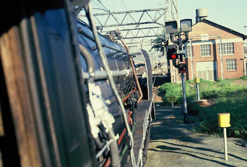 Driver's view from 3094 as she awaits the signal to enter the main lines at Pretoria, to collect a rake of coaches from a train that has just arrived