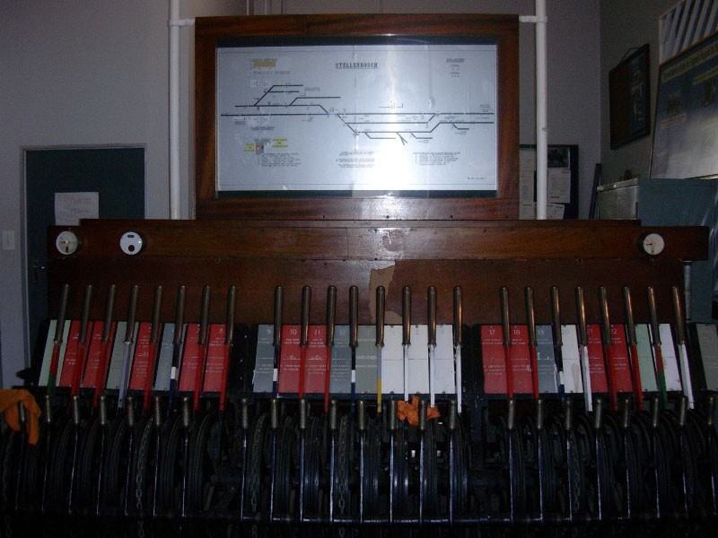 Stellenbosch station signal-cabin, map showing whole system at top. This was quite a busy place 'till not so long ago, especially since it was on the main line.