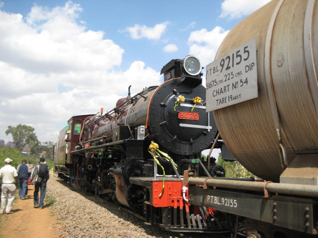 3020 with her water tank, which will be marshalled behind the locomotive at Athi River for the return trip