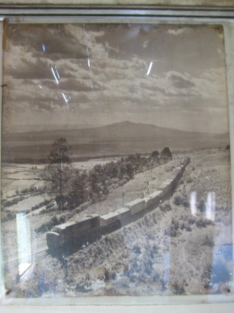 An old picture of a Class 87 (?) with Mount Longonot in the background on the wall of the buffet car behind a perspex sheet.