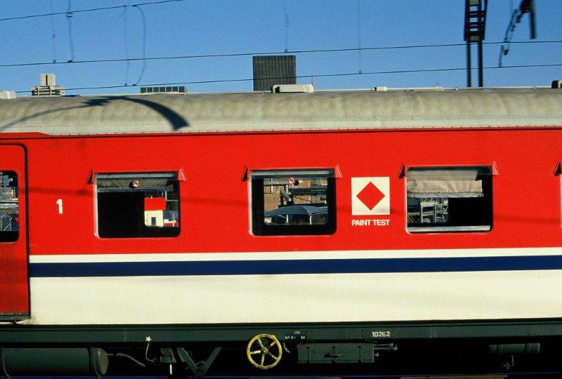 Experimental colour scheme trial for the Metro sets seen here at the Braamfontein yards.