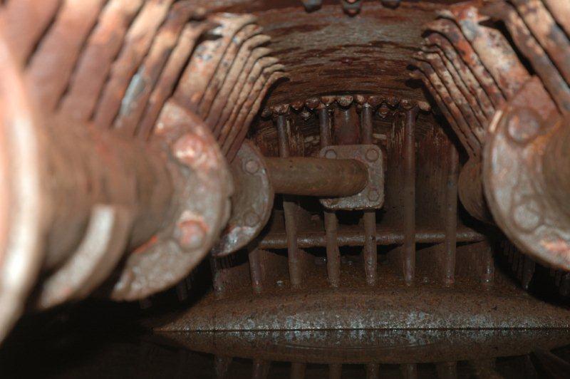 A closer view towards the firebox crown plate end. The crown stays are visible, as are three lead filled fusible plugs that are the compulsory safety devices fitted to all boilers. Some locomotives have up to 5 fitted.