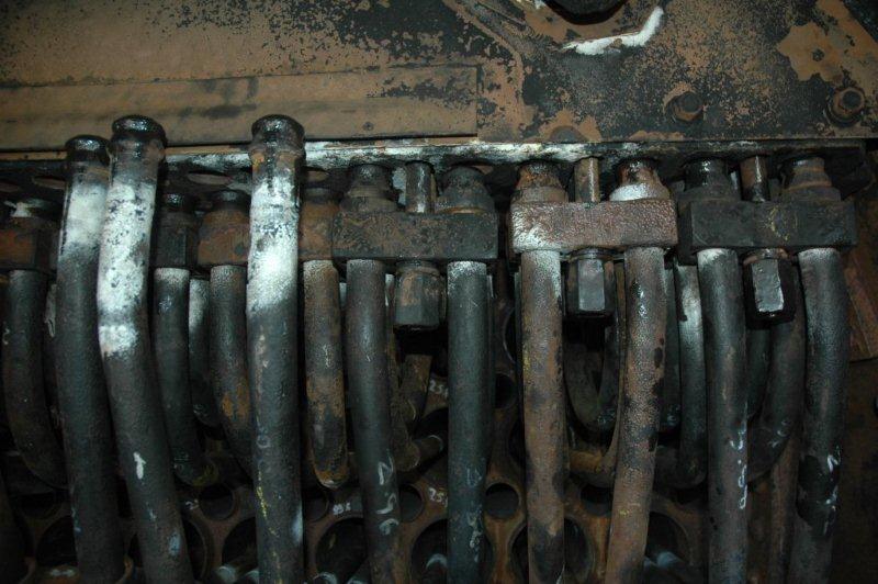 Close view of the last row of elements to be fitted and tightened up in the boiler of the 19D. The heads have been polished and smeared with a graphite and oil mix before fastening.