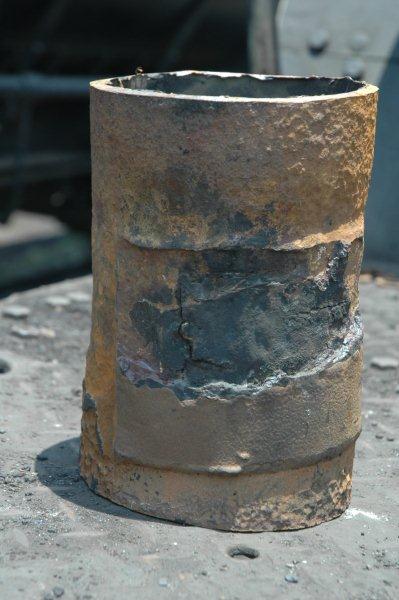 Here we can see the cut out portion of the branch steam pipe that had been patched in railway days years previously. Not once, but twice!