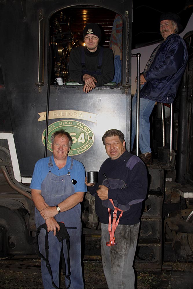 Footplate crew- trainee fireman Brett Radloff, driver Willem Ras, firemen/trainee drivers Gabor and Tony