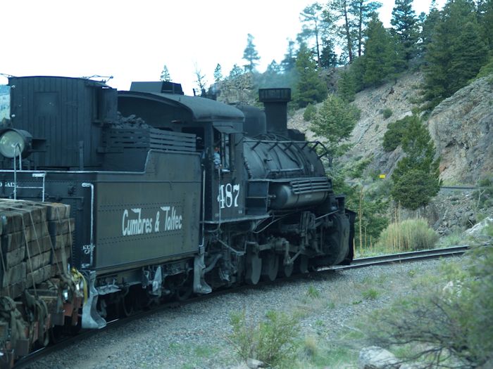 D&amp;RGW K36 2-8-2 entering Toltec Gorge with the daily Antonito to Chama service. Operating with two wagons of new sleeps as a mixed