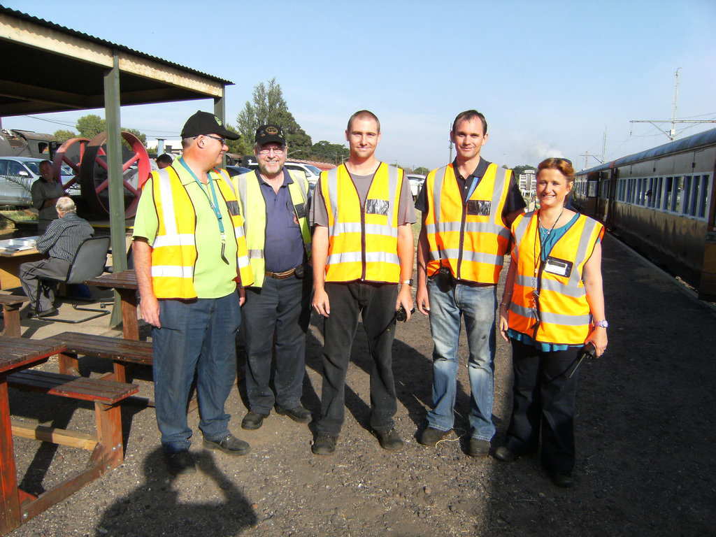 Onboard train crew at Hermanstad on Sunday morning (L to R): Ig (coach controller), John (guard), Philip (trainee guard), Zane (train manager) Bev (normally a train manager but rostered as coach controller and paramedic on this train)