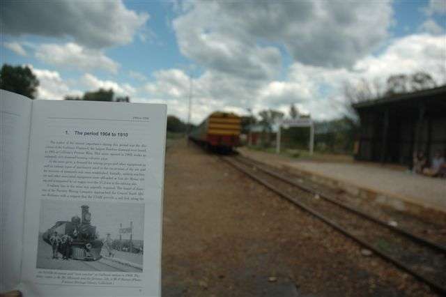 Using Eric Samuel's booklet on Cullinan as a guide, I have managed to almost locate the exact spot in his photo. 100 years ago this year, that same train stood almost on this spot. The platform stone work can be seen under the built up concrete work of the new level. Sign boards have changed, but on a clear day, one can see the hillside in the background and where the pointwork converges