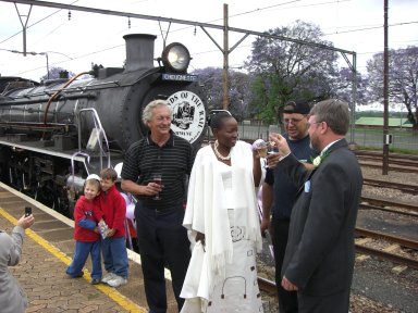 Drinking a (non-alcoholic) toast with driver Cliff and fireman Gabor at Pretoria North Station