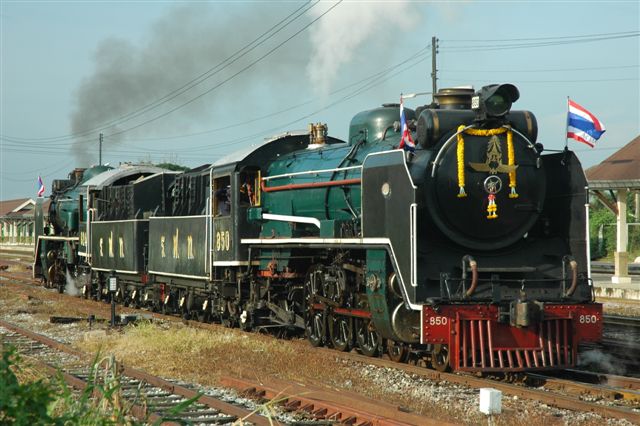 What a sight. Two oil burning pacifics head up track to collect the coaches before heading home to Bangkok