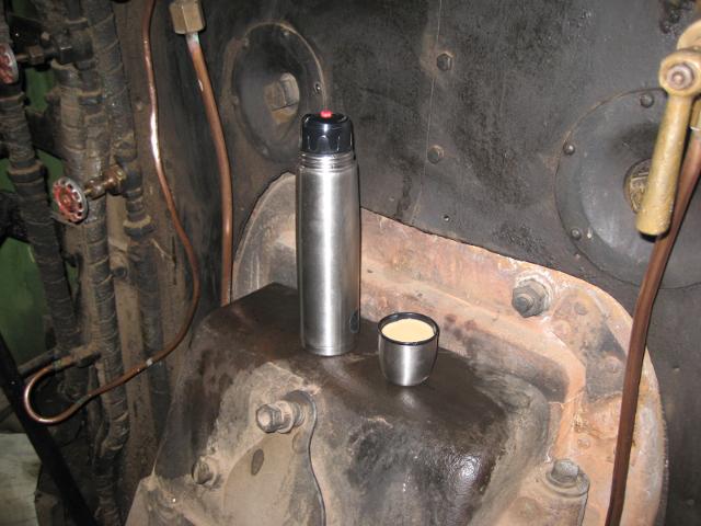 No footplateman can last long without a cuppa. When the fire is dead and the loco can't provide hot water for a brew, you have to bring your own in a thermos.