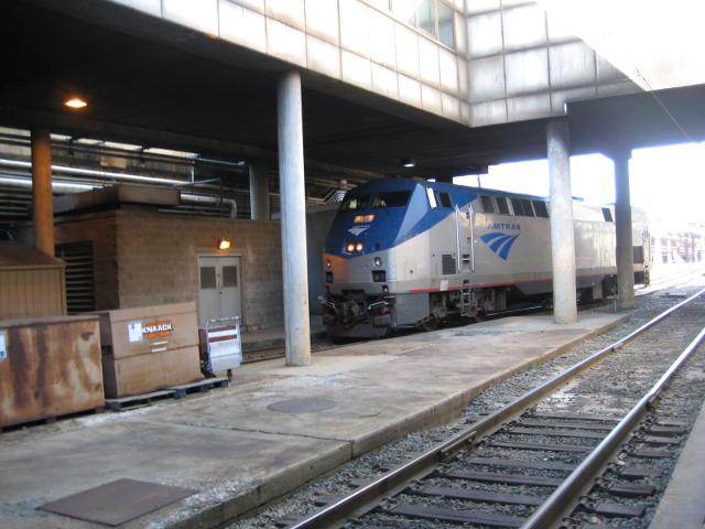 At Washington DC our train from New York switched from electric to diesel motive poewr for the remainder of its journey to Wilmington, Delaware. The electric loco moved off too quickly for me to get a photo, but this is the diesel loco that is about to couple on