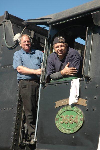 Footplate crew Tony and Gabor on the shuttle train loco 3664