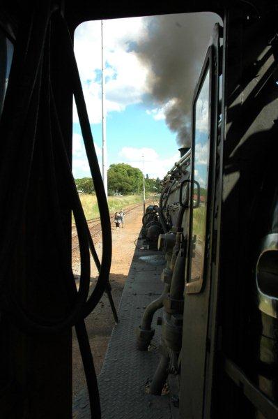 The road ahead out of Cullinan. Little did the crew realise that the inner rails had been specially greased for flange wear by the TFR inspection trolley that checks the line prior to each train and that caused a hellova lot of slipping and spinning and finally hand-sanding the rails!
