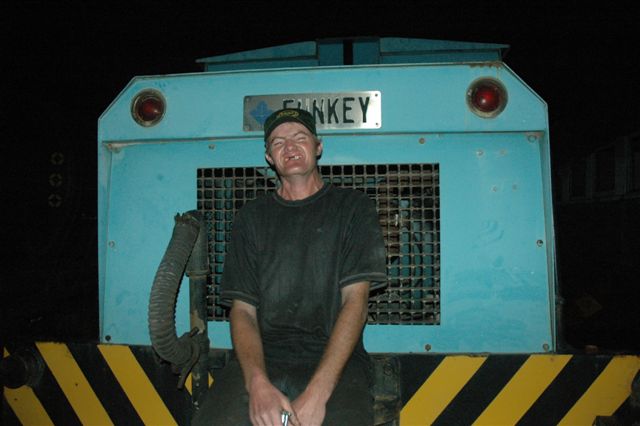 The similarities between features on the Funkey diesel and "Spikkels" are all too evident in this classic photo. Who says man and machine are inseparable! <br /><br />Photo and caption by Nathan Berelowitz March 2008