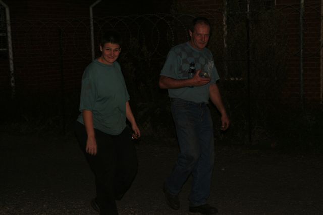 Les W and Miemie head for the car park. Miemie had just cooked up another great shed dinner for the hard workers.