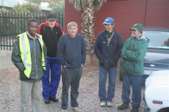 Cold morning - from left, John, Les, Fanie, Frank, Spikkels