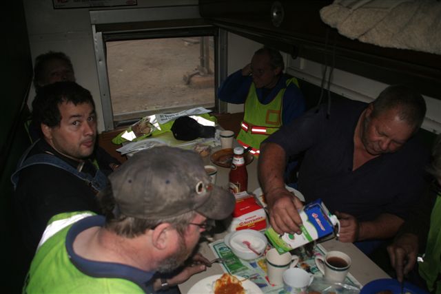 Railway breakfast - Nathan , Andre van Dyk, John Ashworth, Piet Steenkamp and Andrew King enjoy..