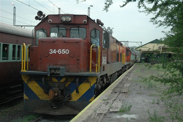 34 class diesels depart Hercules new site with a Sunday charter to Bela Bela (Warmbaths). This was FOTR's first diesel charter from the new site. Regrettably steam operations are no longer permitted on that section