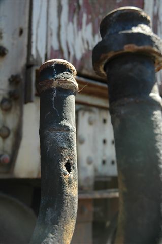 The large hole near the top end of an element removed from 19D 2650. A<br />second hole was discovered at the return bend. <br /><br />Photo by Nathan Berelowitz 8th Nov 2007