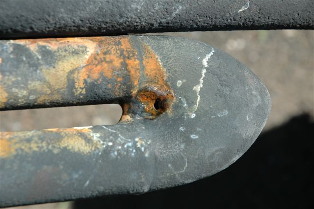 One of the holes discovered on the element bend, removed from 19D 2650. There were in fact two holes in this particular element.<br /><br />Photo by Nathan Berelowitz Nov 8th 2007